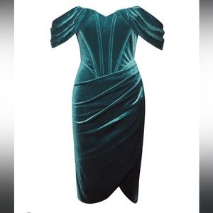 Velvet Corset Off the Shoulder Midi Dress with Slit in Teal